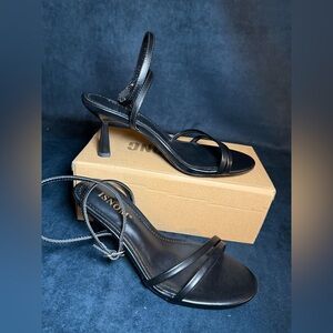 ISNOM Black Strappy Heels  With Low Kitten Heel Comfortable Dressy